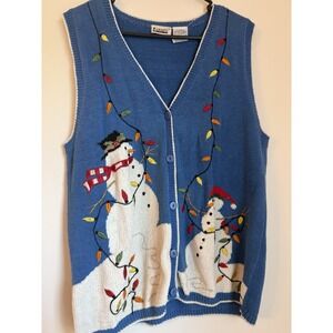 Vintage Ugly Christmas Sweater Vest Blue Embroidered Size X-Large
